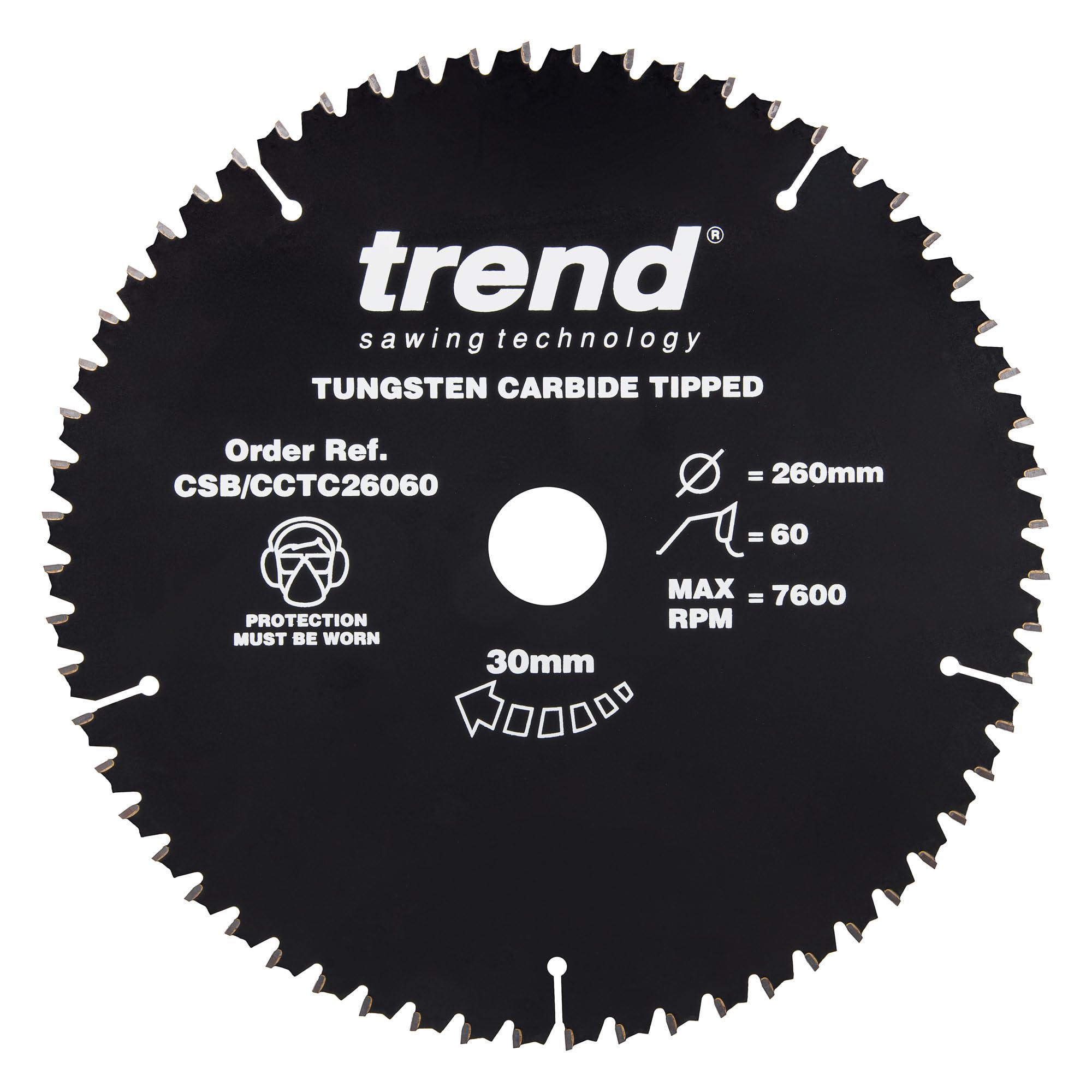 Trend Wood Mitre Saw Blade, 260mm Diameter, 30mm Bore, 60 Teeth, TCT, 2.6mm Kerf, -5° Hook, CSB/CCTC26060
