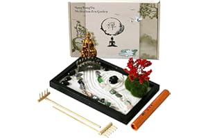 BANGBANGDA Mini Meditation Zen Garden Kit - Japanese Tabletop Rock Sand Chakra Buddha Garden Home Office Desk Decor Gifts for Father Mother Birthday - Sandbox w/Rake Tool Accessories