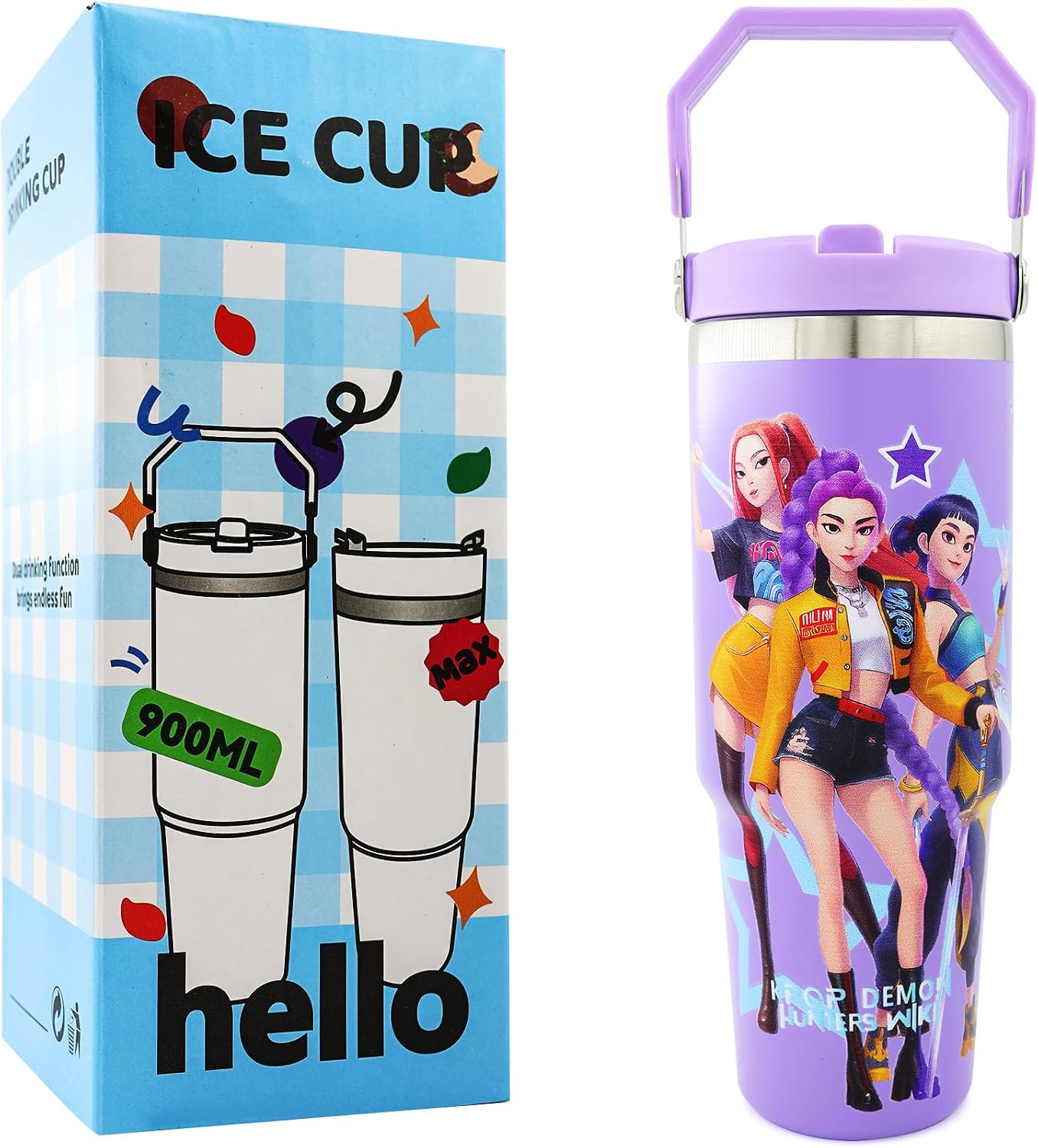 Demon Hunters 32oz Bottle Stainless Steel Drinking Bottle with Handle and Straw for Daily Hydration (Light Purple)