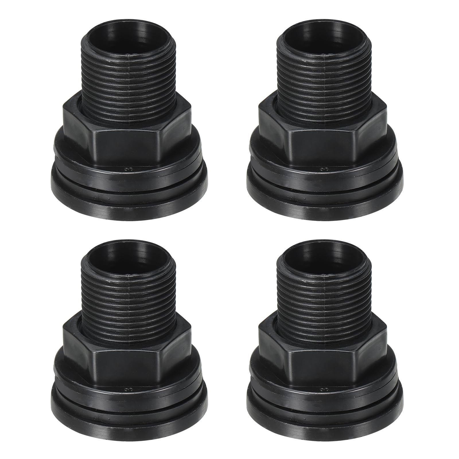 PATIKIL PVC Bulkhead Fitting 1/2 Female x 3/4" Male, 4 Pack Double Threaded Bulkhead Water Tank Connector with Seal Gasket for Rain Bucket, Sinks, Aquariums, Black