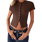 Women Button Down Short Sleeve Top Summer Ribbed Crew Neck Slim Fit Shirt Casual Solid Color Crop Tee