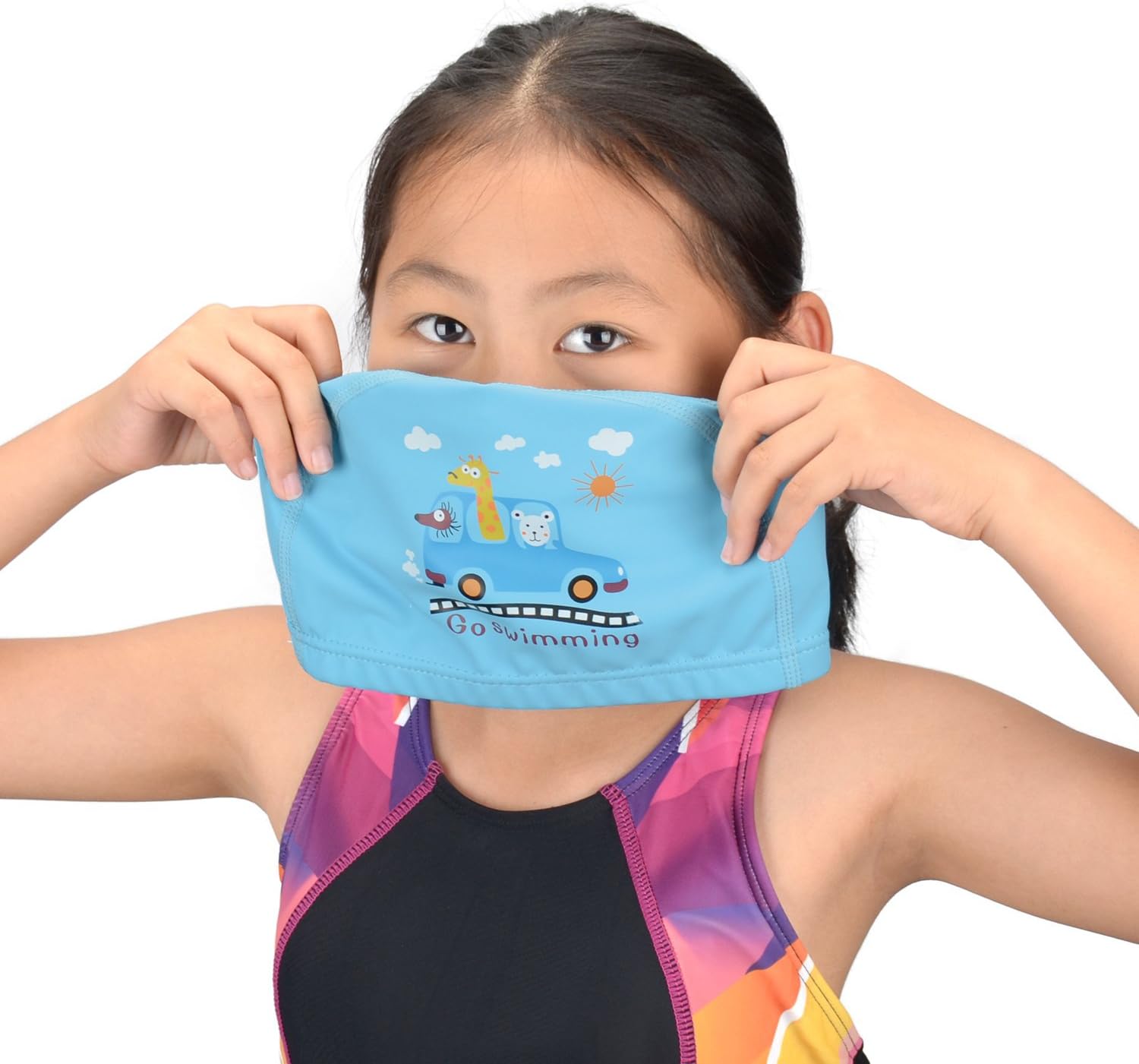 RONHAN PU Coating Swimming Cap for kids, Lycra Swim hat for Girls Boys Youth, Waterproof Comfortable Stretch No-Slip Caps for Bathing Swimming Diving Snorkeling （Light Blue）