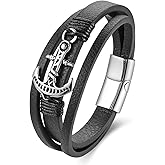 BIYONGDE Steel Nautical Sailing Rope Marine Anchor Charm Three-strand Black Leather Bangle Bracelet