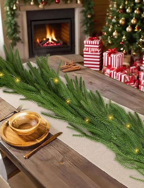 PREMIUM 30% FULLER 2PACK 6 FT ARTIFICIAL NORFOLK PINE GARLANDS WITH LIGHTS, REAL TOUCH WINTER PINE GARLAND, FOR STAIRCASE, TABLE, MANTLE, WALL, INDOOR, OUTDOOR CHRISTMAS DECORATIONS, FLOWER ARRANGING
