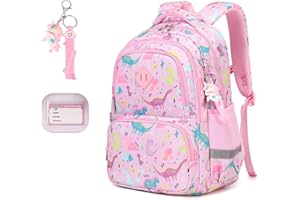 MUSEVOS Kids Backpack, Kawaii Printed Girls Bookbags for Preschool, Lightweight School Backpack for Primary and Elementary and Kindergarten, Waterproof Teen Backpacks, Pink/Dinosaur
