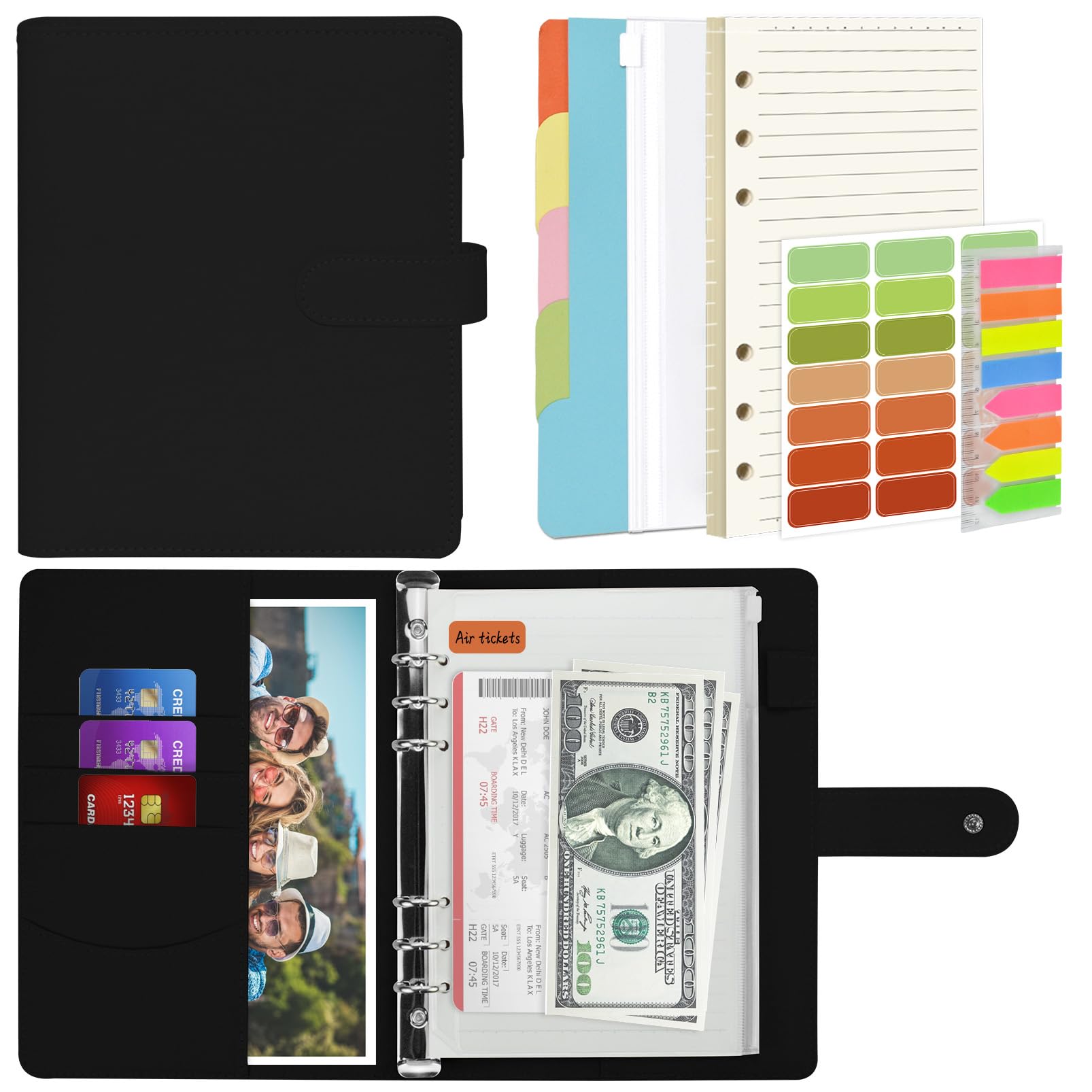 Mlife A5 Notebook Binder Set - 6 Ring PU Leather Planner,5 PCS File Divider,45 Sheets A5 Loose Leaf Paper,Label Stickers,Index Tabs and Clear Cash Envelopes,Personal Organizer Binder (Black)