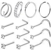 Ftovosyo 20G Surgical Steel Nose Rings Hoops for Women Men Cubic Zirconia Nose Piercing Jewelry L Shaped Nose Ring Stud Set