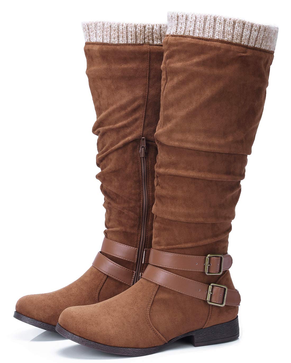 CAMEL CROWN Women\'s Faxu Suede Knee High Slouch Boots Wide Calf Low Block Heel Winter Riding Boots with Zipper Buckle Strap,Tan,Size 5.5UK