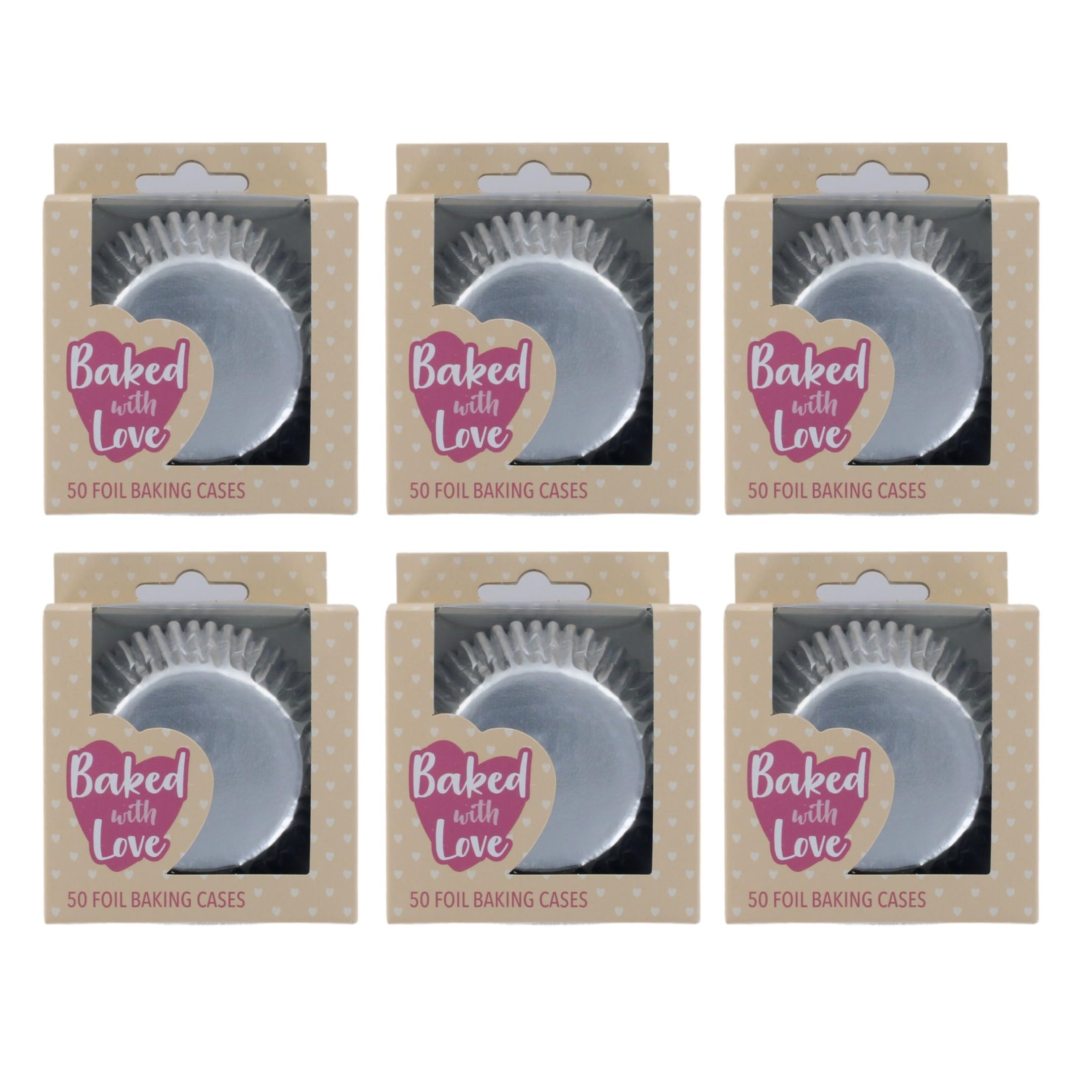 Baked with Love Silver Foil Baking Cases, 300 Foil Baking Cups, Greaseproof Cupcake Cases, Silver, 6 Packs of 50 Cases