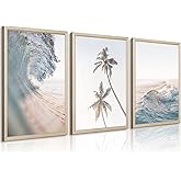 Lhoiplme Beach Wall Art Decor Coastal Ocean Poster Palm Tree Canvas Wall Decor Beachy Room Aesthetic Pictures Blue Waves Prints Beach Coasta Artwork for Bedroom Living Room 12x16 Inch Framed Set of 3