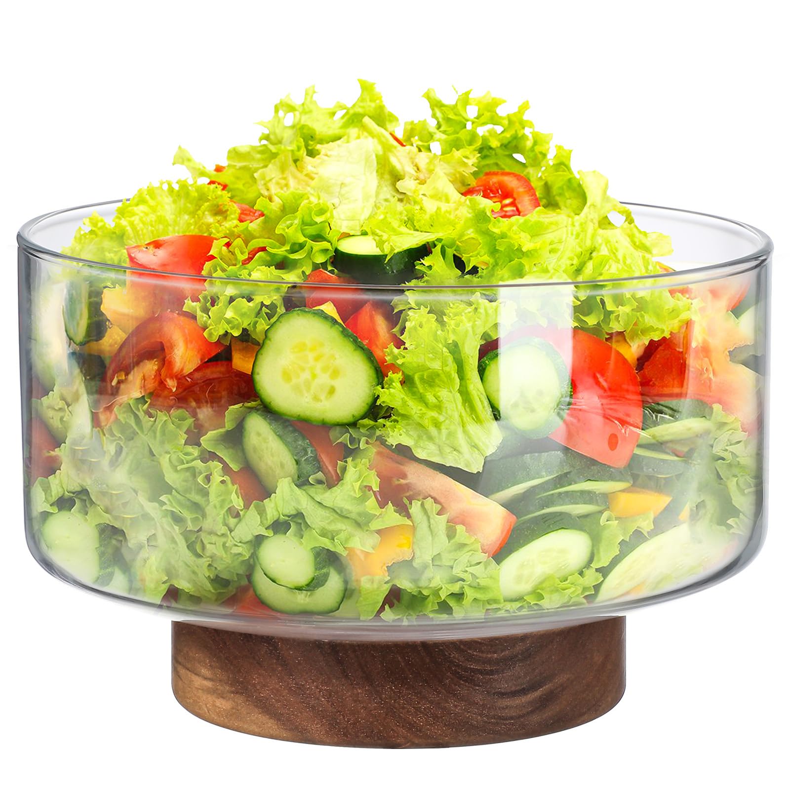 Angoily Japanese Style Glass Fruit Bowl with Wooden Base Clear Salad Container Snack Dessert Holder for Home Parties Buffet and Celebrations