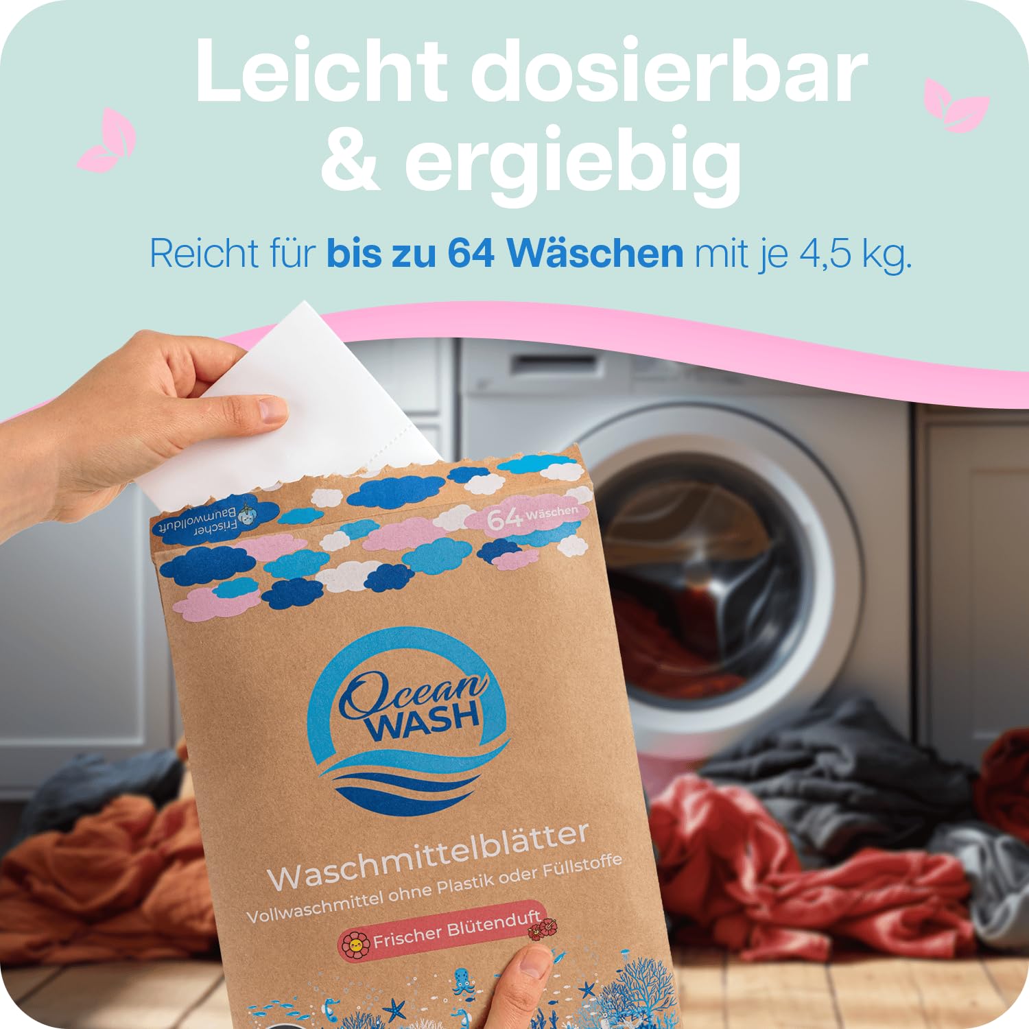 OceanWash Waschmittelblätter Blütenduft, Waschblätter Waschmaschine für alle Textilien und Farben, Waschtücher biologisch abbaubar, Laundry Detergent Sheets Vollwaschmittel, 64 Wäschen 6