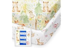 TotBasic Mini Crib Sheets 24x38, Ultra Soft Pack N Play Sheets Fitted Boy Girl, Neutral Pack and Play Mattress Sheets, Premium Jersey Knit Portable Crib Sheets Hypoallergenic, Forest Bear & Deer