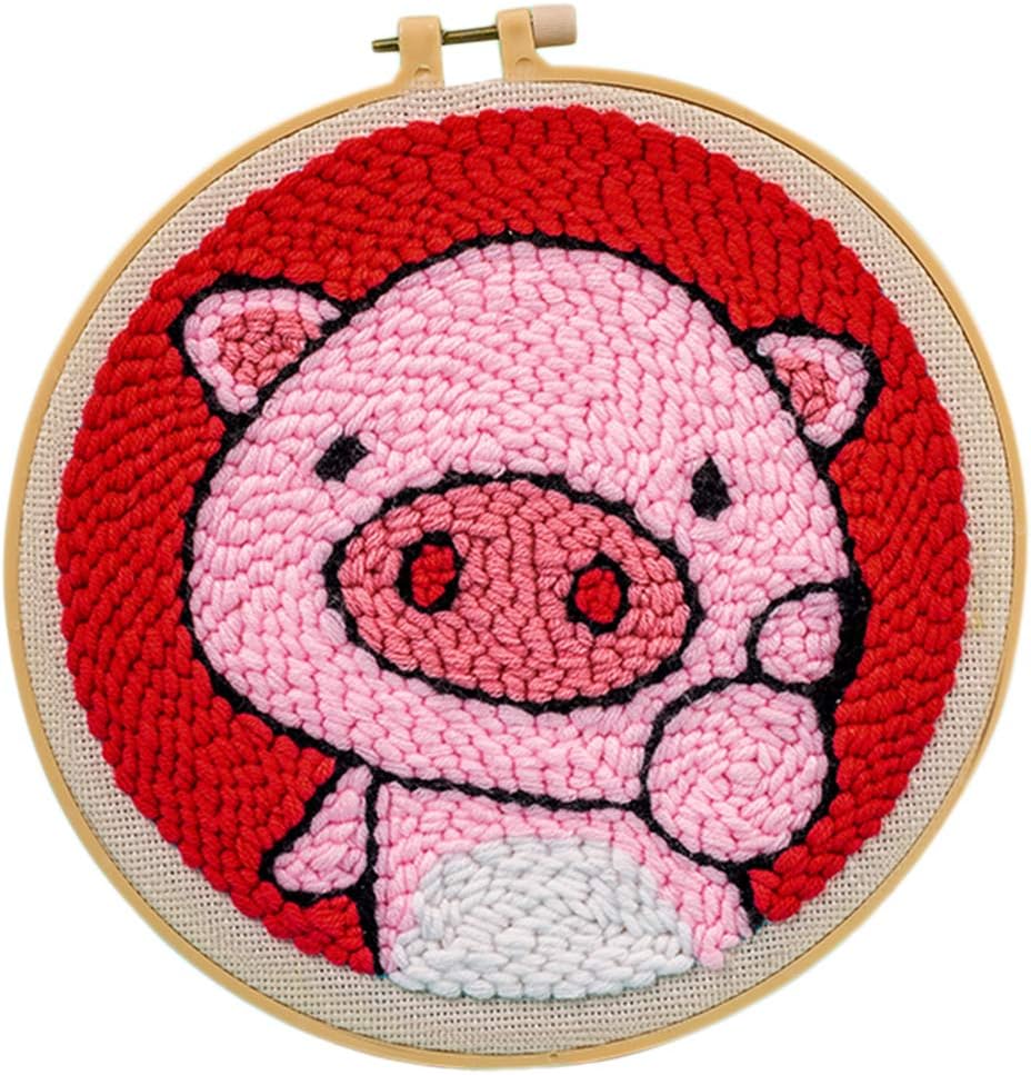 HMANE Rug Hooking Kit DIY Handcraft Woolen Embroidery Knitting Kit with Punch Needle, Embroidery Frame, Creative Gifts for Girls - Cute Pig