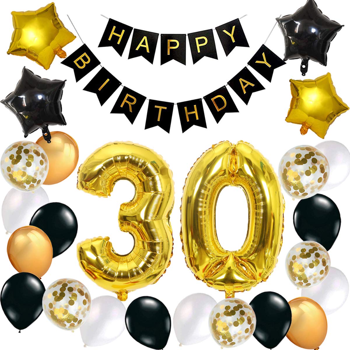 30th Birthday Decorations for Men Women Black Gold Balloons Birthday Party Including Happy Birthday Banners Confetti Balloons Helium Number 30 foil Balloons