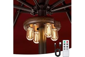 OPOIRA Dark Wood Grain Patio Umbrella Light with Remote Control, Rechargeable Cordless LED Edison Bulbs Pole Light with 10 Brightness Levels for Garden, Patio, Backyard, Camping or BBQ (1 Pack)