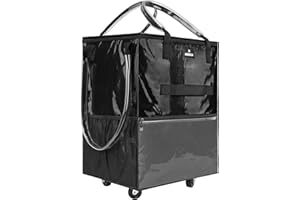 ​​Foldable Shopping Cart with Wheels, Waterproof PP Grocery Tote Bag with 6 Pockets, Zippered Top, 4 Wheels and Heavy Duty Ha