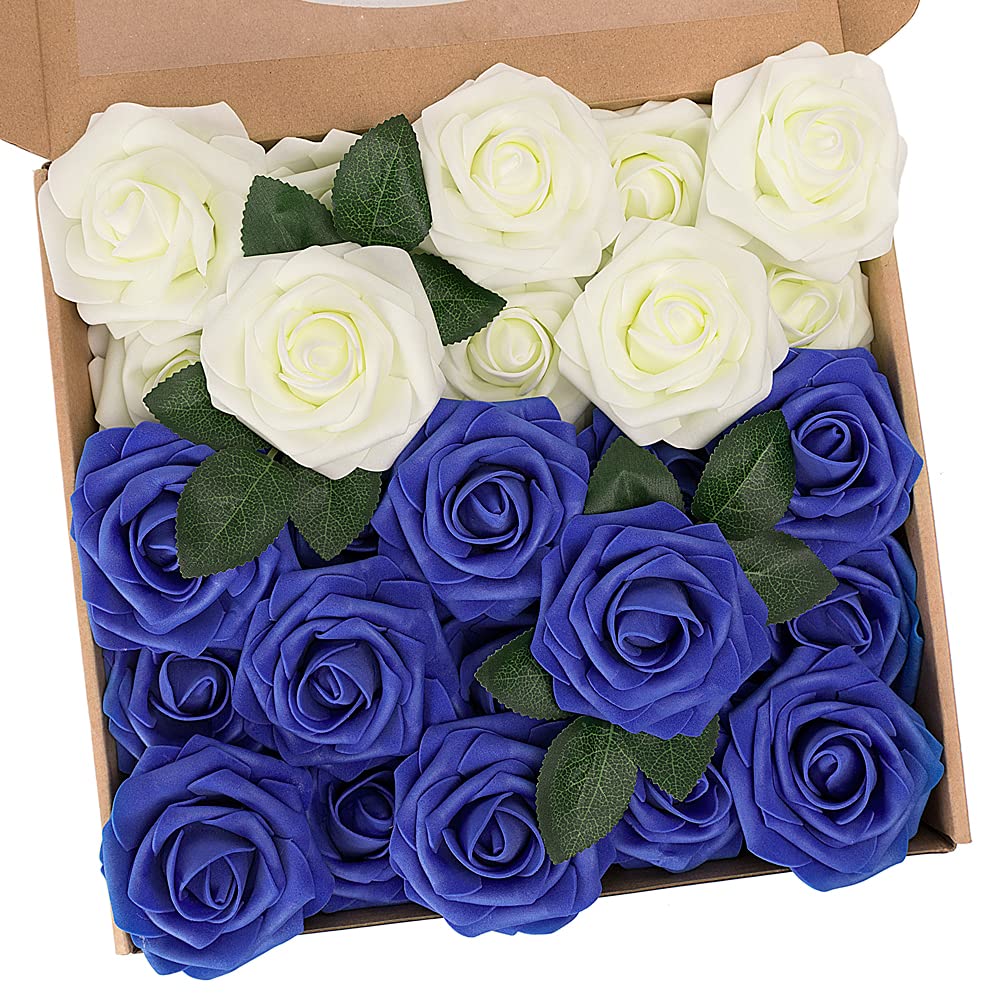 N&T NIETING Artificial Flowers Roses, 25pcs Real Touch Fake Foam Roses with Stems for Wedding Bridal Bouquets, Mother's Day, Baby Shower, Home Decoration, Ivory & Blue