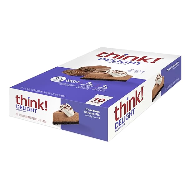 THINK! DELIGHT, KETO PROTEIN BARS, HEALTHY LOW CARB, GLUTEN FREE SNACK – CHOCOLATE MOUSSE PIE, 10 COUNT