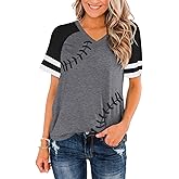 Sunidol Womens Baseball Tees Baseball Printed Short Sleeve V Neck Colorblock Casual Raglan Baseball Mom T-Shirt