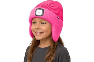 ATNKE Kids LED Lighted Lined Fleece Beanie Cap with Earflap, USB Rechargeable 4 LED Run Headlamp Hat for Boys and Girls