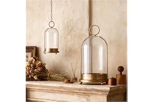 Hurricane Glass Candle Holders - Cloche Glass Dome Gold Hanging Candle Holders,Brass Decorative Pillar Candlestick & Lanterns