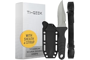 TI GEEK Titanium Survival Scuba Diving Fixed Blade Knife with Sheath & Straps - Holster on Divers BCD, Thigh/Leg, GC Belt Buckle or Wrist, Cutting, Serrated Edge & Line Cutter (Black Drop Point)