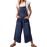 ebossy Women's Adjustable Spaghetti Strap Bib Overalls Casual Loose Wide Leg Capri Jean Jumpsuit