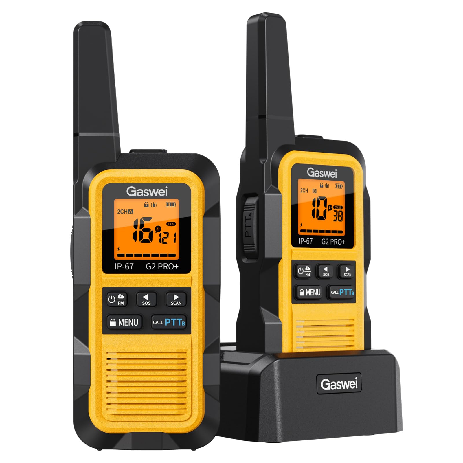 Gaswei G2Pro Professionelle Walkie-Talkies für Erwachsene [IP67 wasserdicht & schwimmfähig] Langstrecken-Funkgerät mit Doppel-PTT, VOX,SOS-Alarm,FM-Radio + Akku für Outdoor, (2er-Set in Gelb)