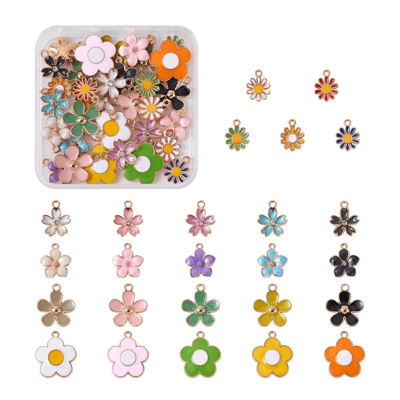 PandaHall 50pcs Enamel Daisy Flower Charms Pendants Golden Plated Lovely Floral Dangle Charms for DIY Necklace Bracelet Earring Crafts