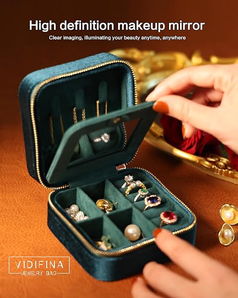 VIDIFINA TRAVEL JEWELRY BOX WITH MIRROR – TEAL BLUE VELVET ORGANIZER ADJUSTABLE COMPARTMENTS FOR NECKLACES, RINGS | PORTABLE LUXURY TRAVEL JEWELRY CASE FOR WOMEN, GIFT-WORTHY DESIGN