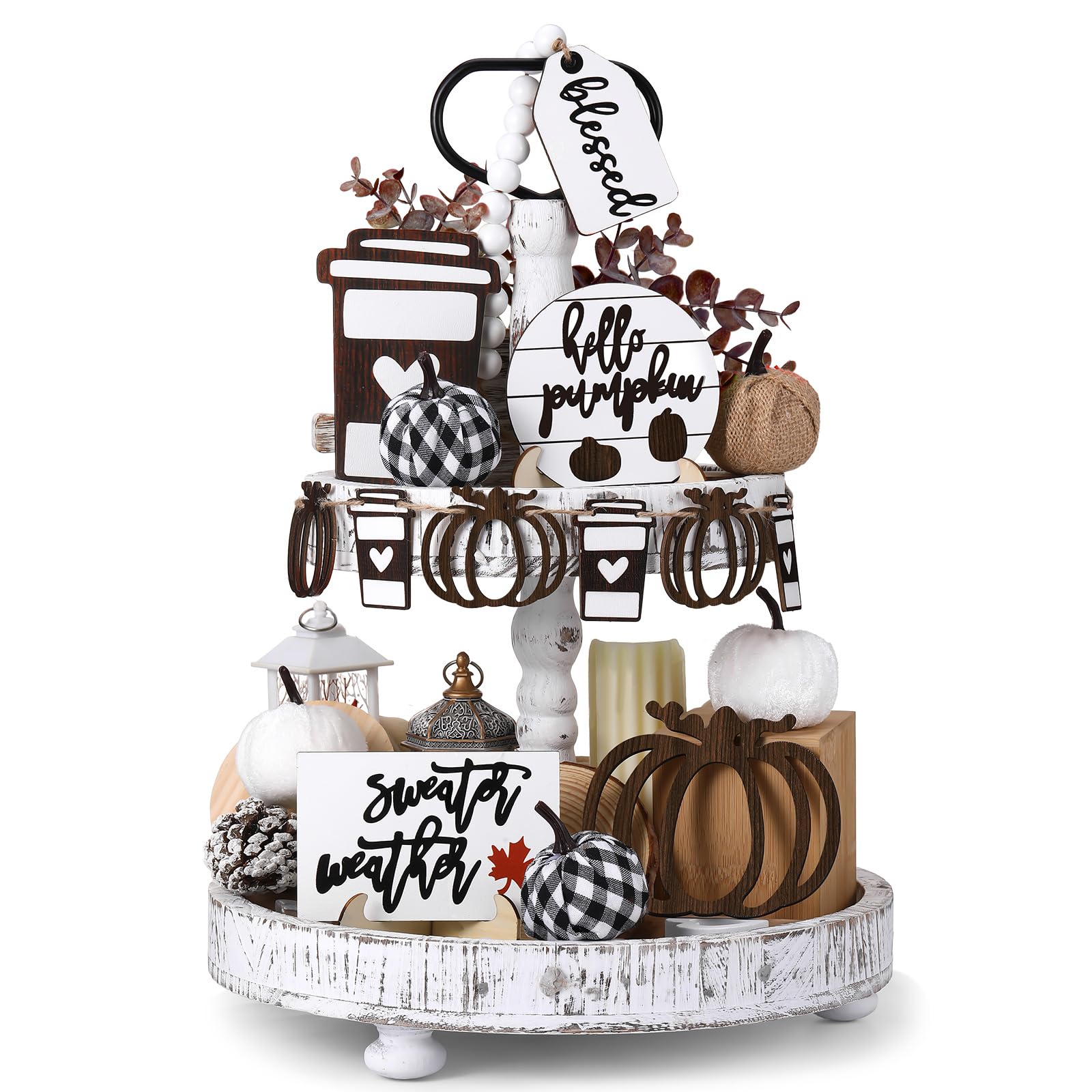 Photo 1 of FairySandy 19 Pcs Rustic Fall Tiered Tray Decor Autumn Farmhouse Home Decorations Set Fall Wood Tray Decor Rustic Autumn Thanksgiving Day Decorative Sign for Tabletop Kitchen Office Decorations