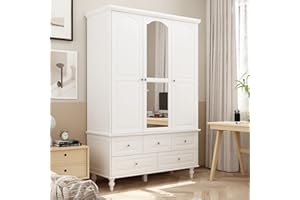 Homsee Wardrobe Armoire Wooden Closet with Mirror, 3 Doors, 5 Drawers, 4-Tier Storage Cubes and Hanging Rod for Bedroom, White (47.2”L x 20”W x 70.9”H)
