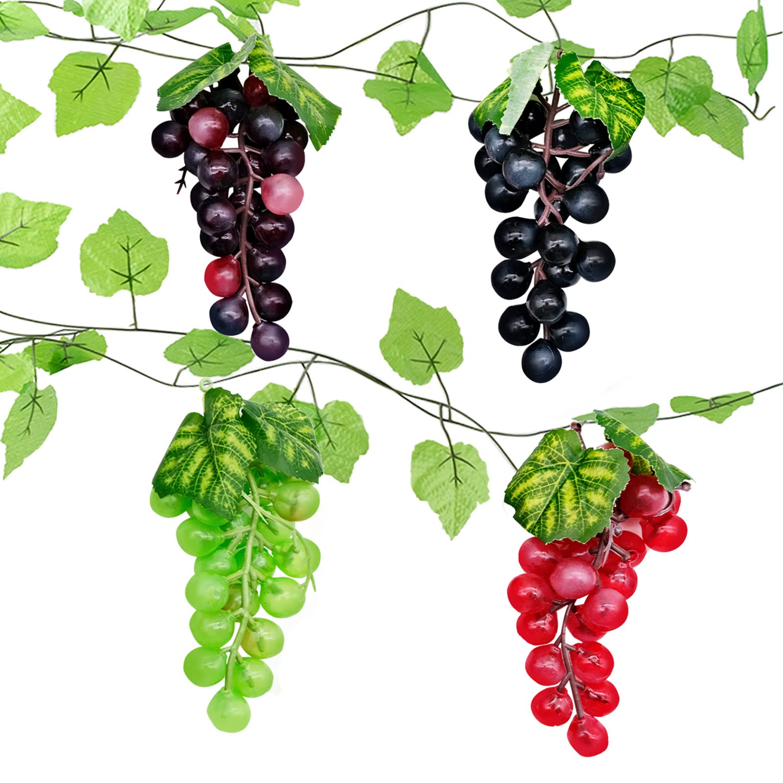4 Bunches of Artificial Grapes Cluster, Simulated Plastic Fruit Grape String, Artificial Grapes Frosted Grape Bunches with Vines Lifelike Leaves for Home Indoor Outdoors Party Garden Wall Decor