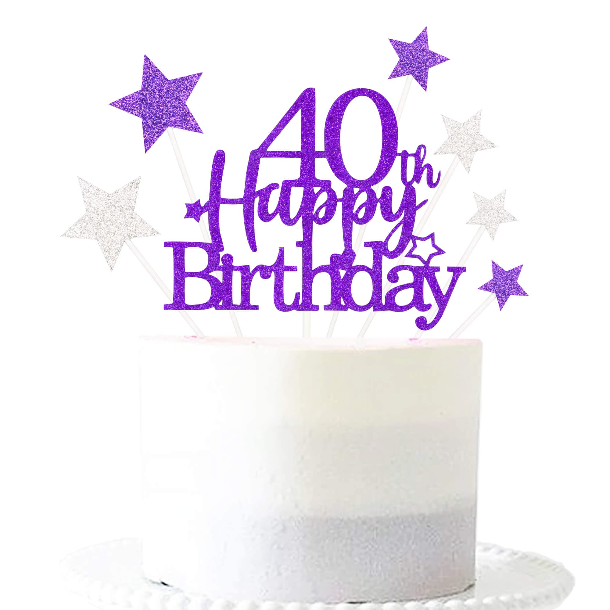 Glittery 40th Happy Birthday Cake Topper with Star,Personalised 40 Birthday Cake Toppers Party Decorations Party Supplies for Men Women Purple Silver
