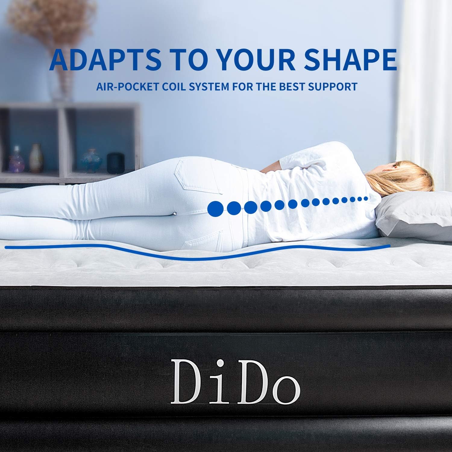 Dido Air Mattress with Built-in Pump, Queen Size Air Bed with Flocked Top and Sides, Elevated 18” Inflatable Bed Blow-up Bed for Guests: Kitchen & Dining