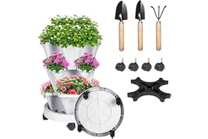 SUNFUNUSA 3 Tier Vertical Strawberry Planter-Tower Stackable Herb Planters-Stacking Garden Outdoor Planter Pot with Tools Removable Wheels for Flowers, Vegetables and Succulents, Light Grey