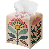 Boho Tissue Box Cover Holder Square, Floral Scandinavian Leather Tissue Box Cover, Paper Facial Decorative Tissues Cover for Night Stands, Bathroom, Kitchen, Office, Home Decor