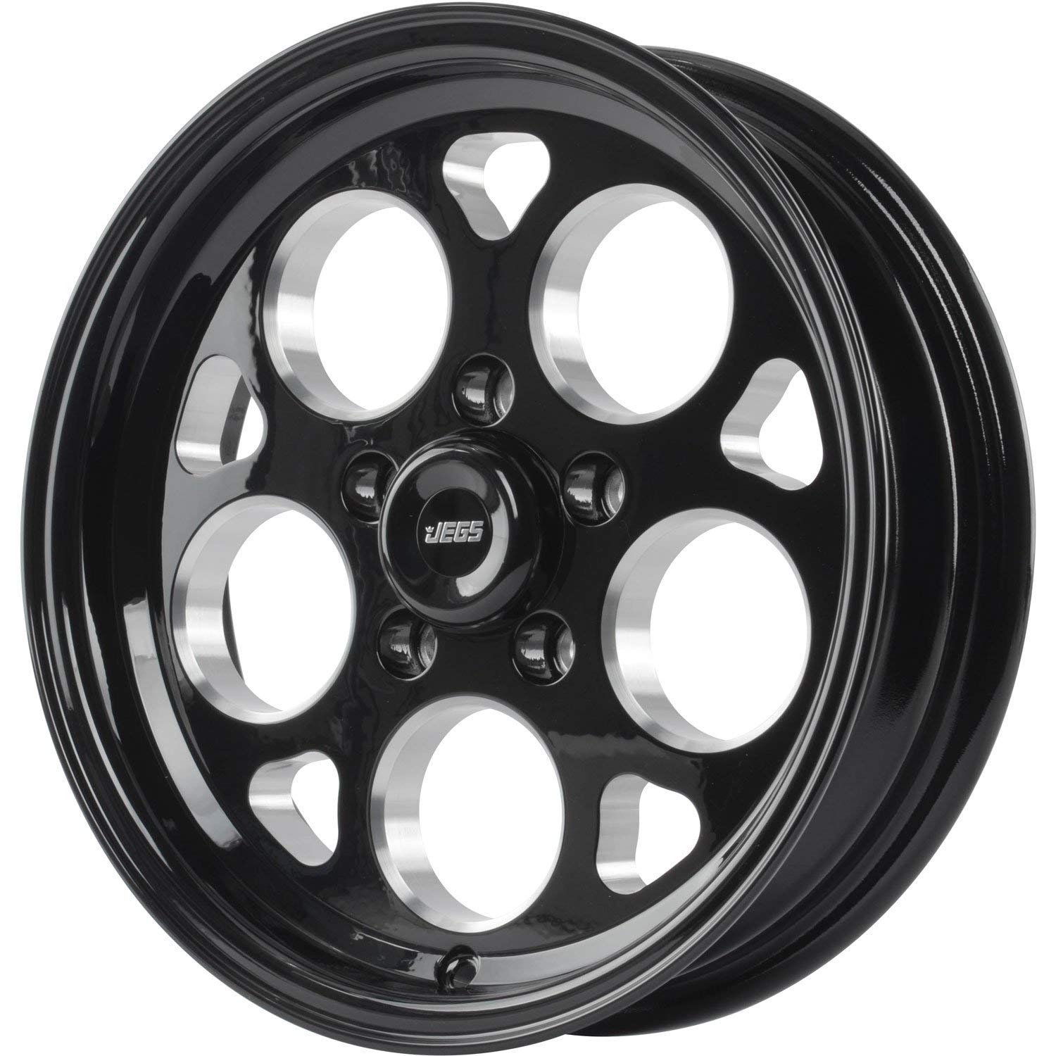 JEGS SSR Mag Wheel 15” x 4” | 5 x 4.75” Wheel Bolt Pattern Spacing | 1.75” Backspacing | Gloss Black Powder Coat | 3.27” Center Bore | Includes Center Cap