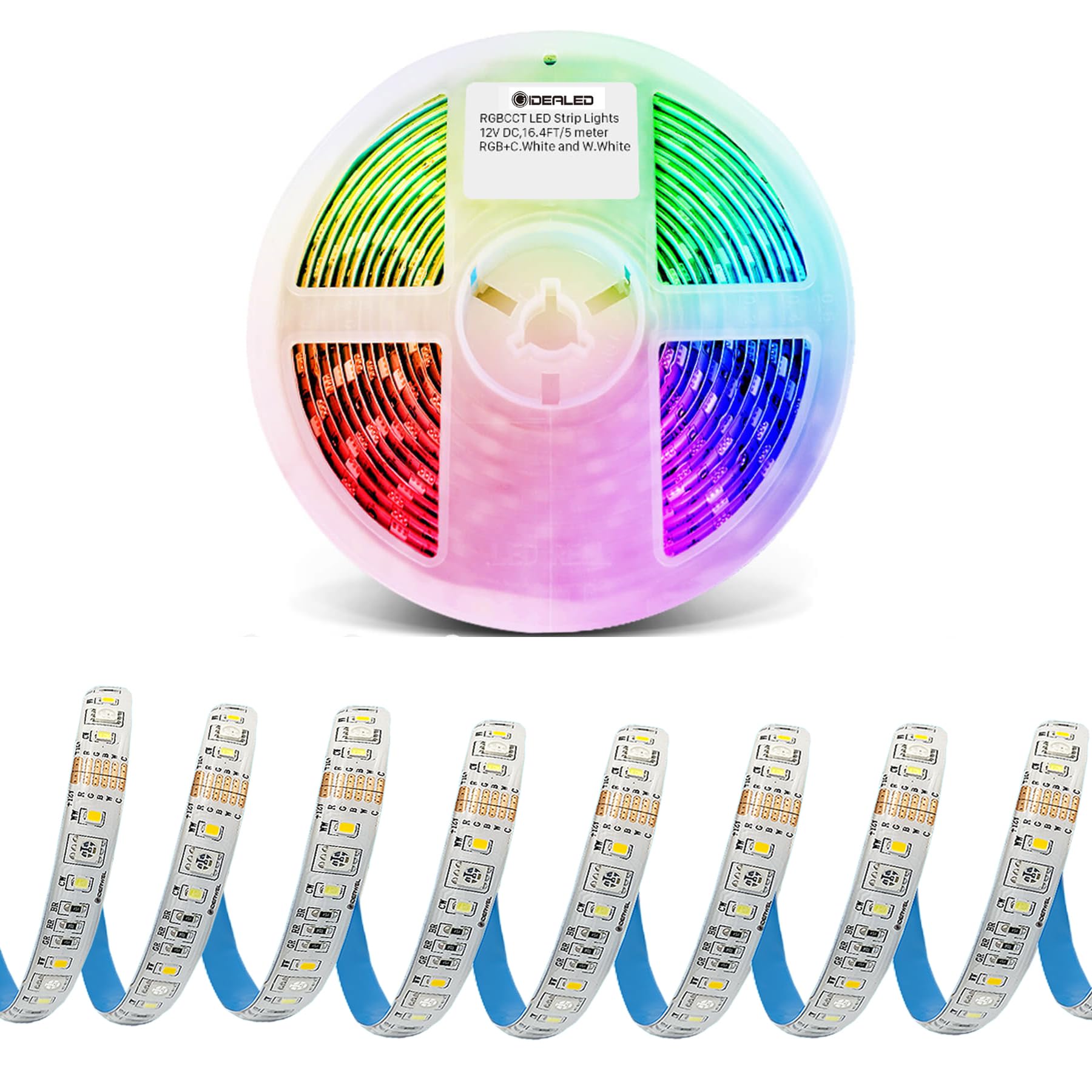 RGBWW LED Strip Lights 5m,Dimmable 5050 RGB Cool White Warm White(2700K-6000K) 6 Wire 450 LEDs Not Waterproof DC12V RGBCCT LED Lightstrip Plus for Bedroom Party Decorations Ambiance Lighting