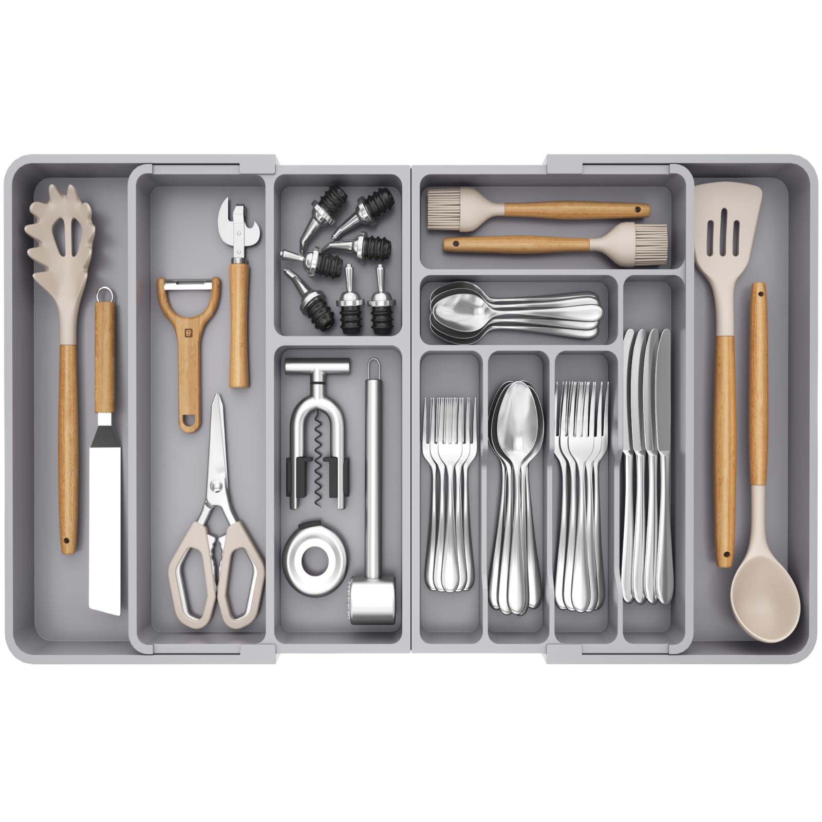 Photo 1 of Lifewit Large Silverware Drawer Organizer, Plastic Cooking Utensil Tray for Kitchen, Expandable From 21 to 36 Inches, Adjustable Flatware Cutlery Spoon Fork Knife Spatula Gadgets Holder, Gray