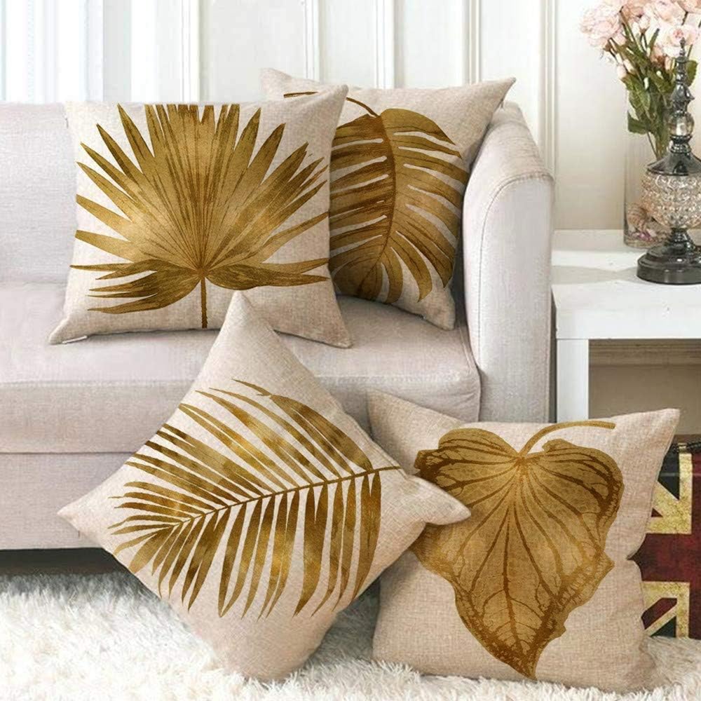 Outdoor Cushion Covers Tropical Golden Palm Leaves Waterproof Throw Pillow Covers Set of 4 Outside Couch Decorative for Bench Chair Sofa Furniture Linen 18x18inch (45x45cm)