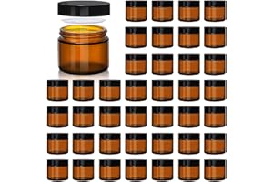UPBUD 2oz Amber Glass Jars with Lids - 40 Pack Leakproof Small Cosmetic Containers with Inner Liners, Wide-Round Smooth Mouth, Sealable for Creams, Lotions, Essential Oils, Body Butter, Travel Samples
