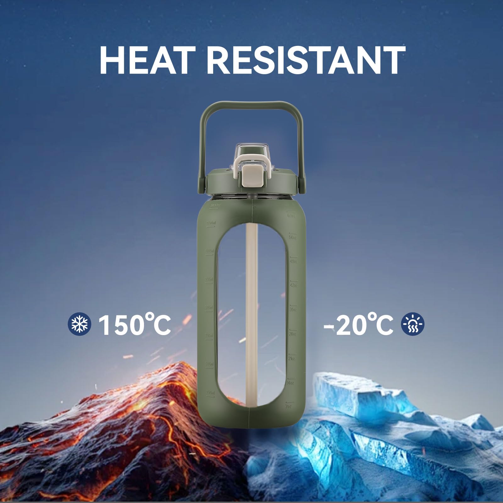 BLUEGO 2L Wasserflasche mit Strohhalm und Griff, Borosilikatglas Trinkflasche mit Silikonhülle für Sport und Reisen, Auslaufsicher, BPA-frei, Olive 4