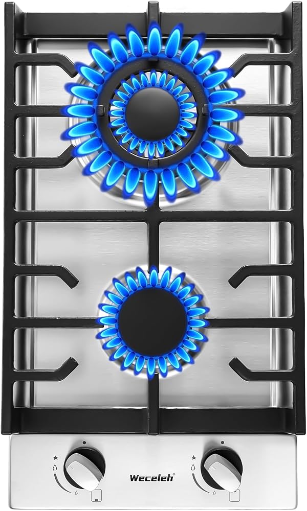 2 Burner Gas Cooktop, 12 Inch Built-in Stainless Steel Gas Stove Top | NG/LPG Convertible Propane Stove, Electronic Auto Igni