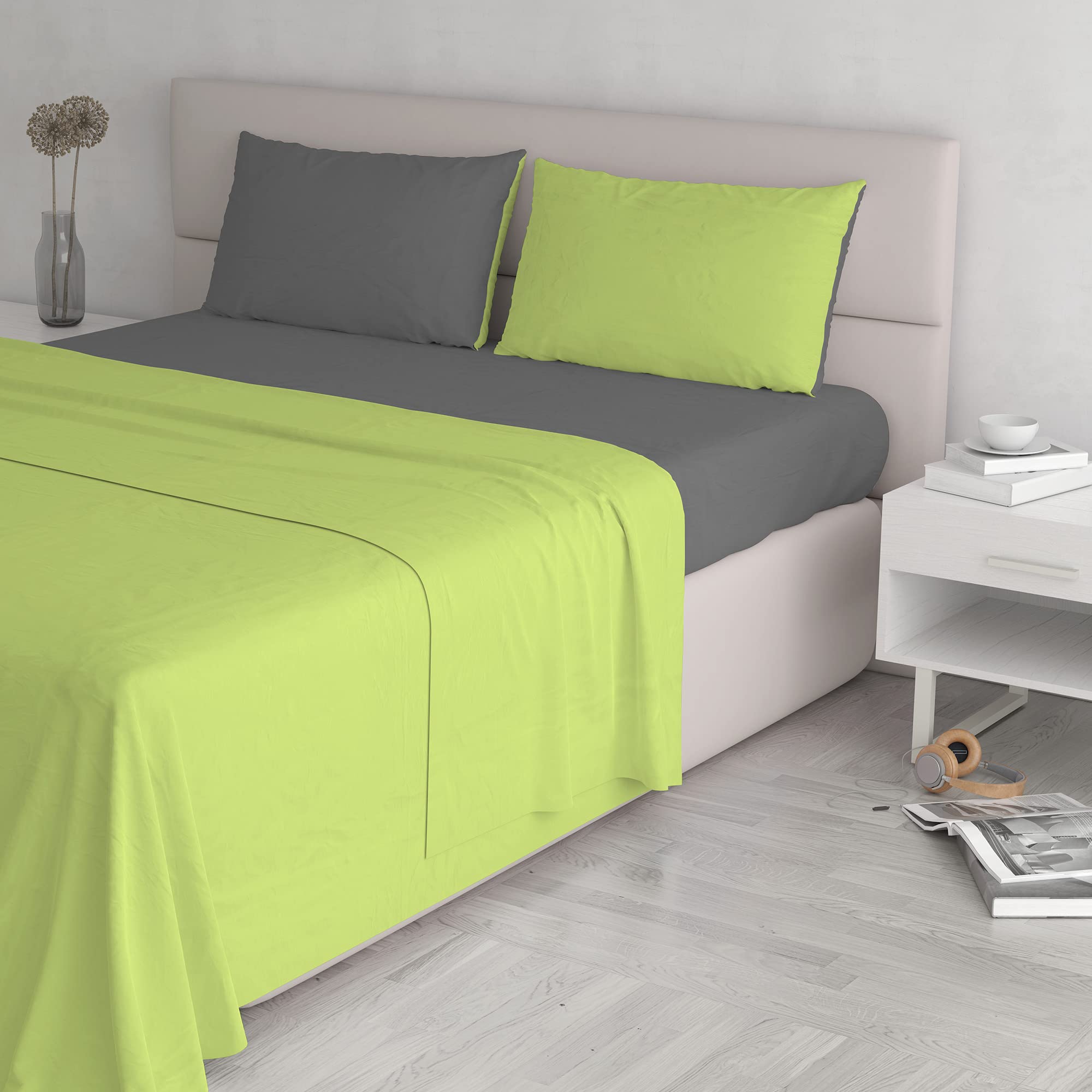 Italian Bed Linen Natural Color Bed Set (Flat 250x300, Fitted Sheet 170x200cm+2 Pillowcases 52x82cm), Petrol Bottle Green, Acid Smoke, DOUBLE