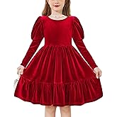 Arshiner Toddler Velvet Dress Girls Puff Long Sleeves Crew Neck Party Fall Winter Ruffle Dresses with Pockets 2-8Y