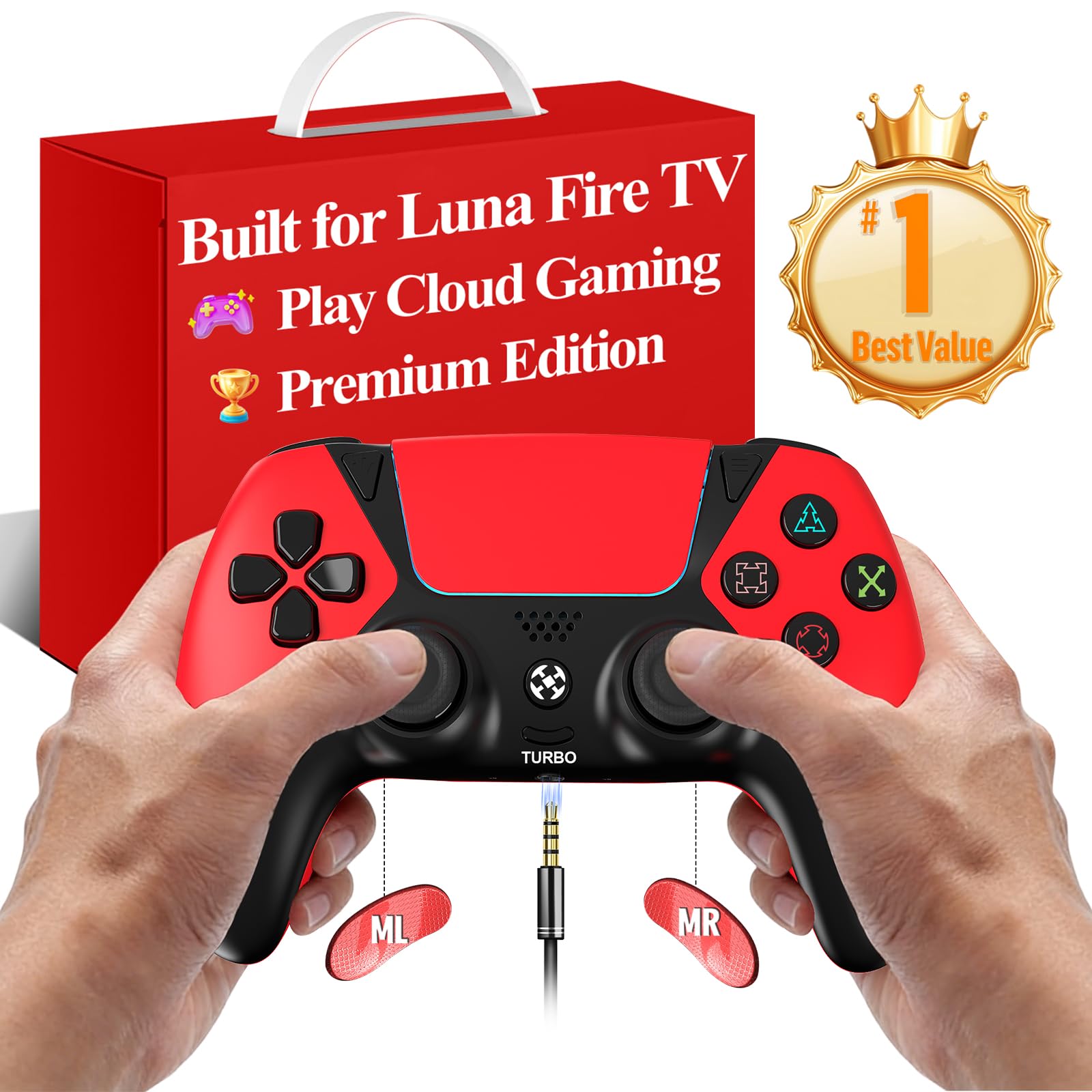 Enstixsm Game Controller for Luna Fire Stick TV PC PS4 Steam Phone Tablet, Wireless Control with 2 Back Paddles and Turbo, 1200mAh Built in Battery, Great Value Replacement for Luna Controllers, Red