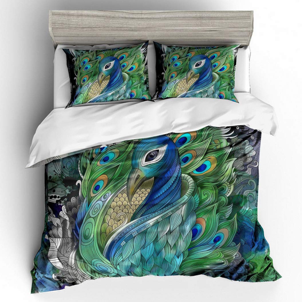 Rundun Duvet Cover King Size,3 Pieces Peacock Printed Bedding Set,Peacock Feathers Printed Quilt Cover Set,for Home Decor