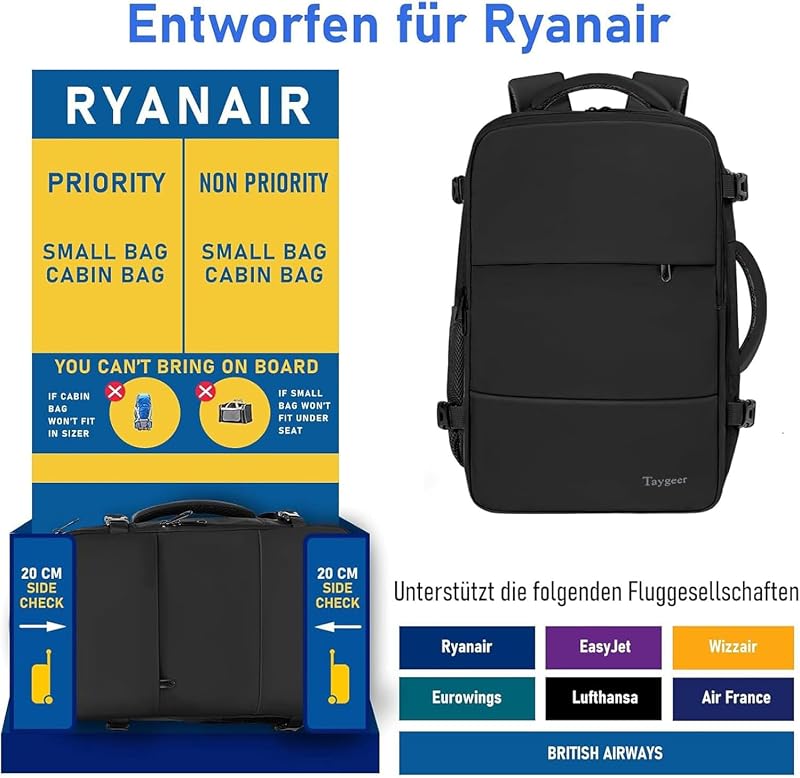 Handgepäck Rucksack 24L, Ryanair Handgepäck 40x30x20 Rucksack Damen